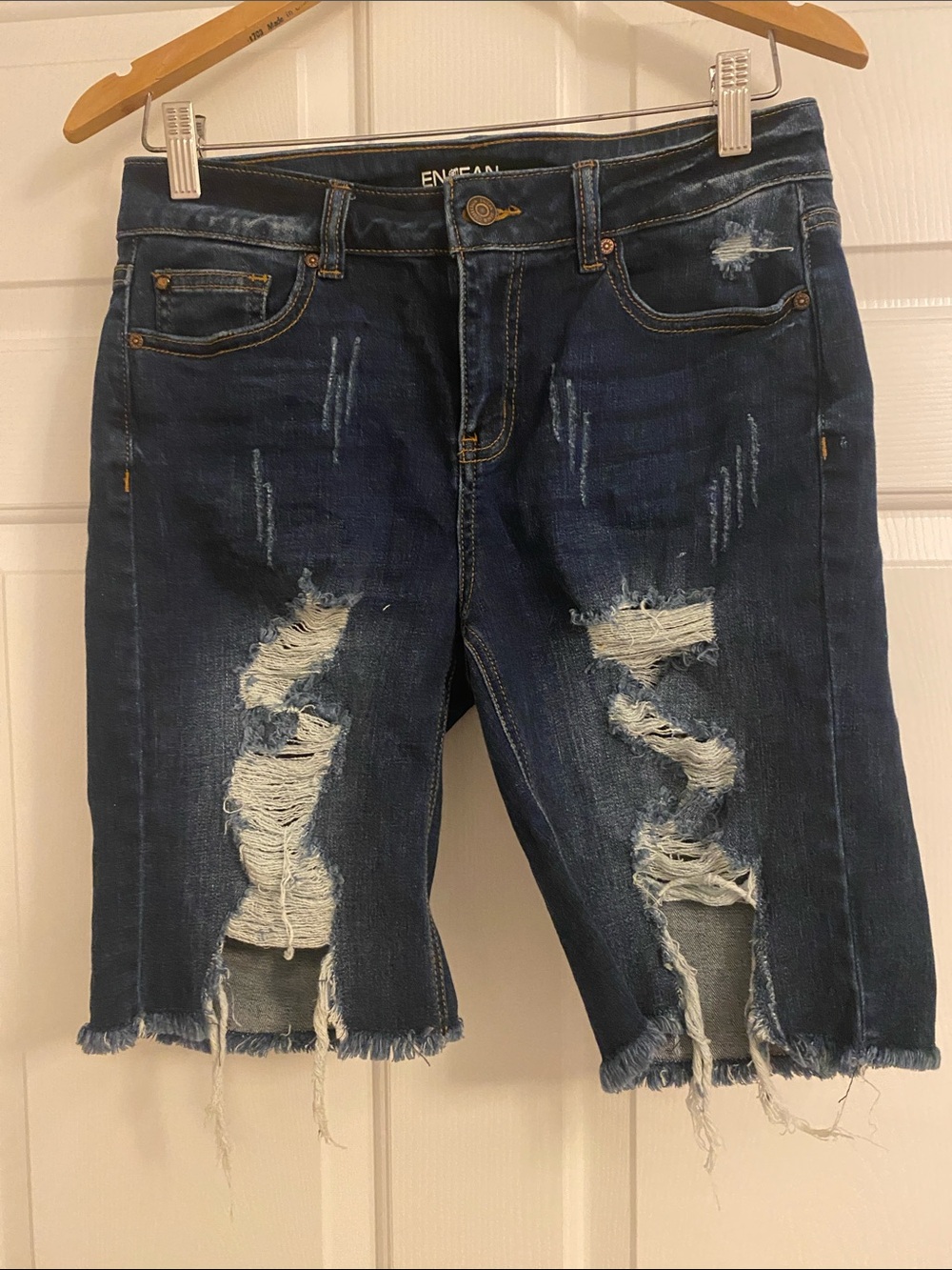 EN FÜN Dark Blue Distressed Cropped Denim Bermuda Shorts